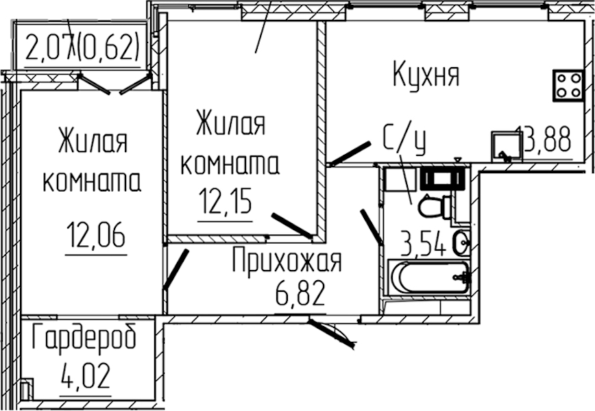 2-комнатная квартира 53.09 м², 5/8 эт., ЖК «SERTOLOVO PARK»